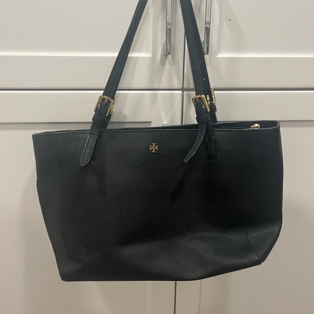 Black Leather Tote Bag with Gold Hardware